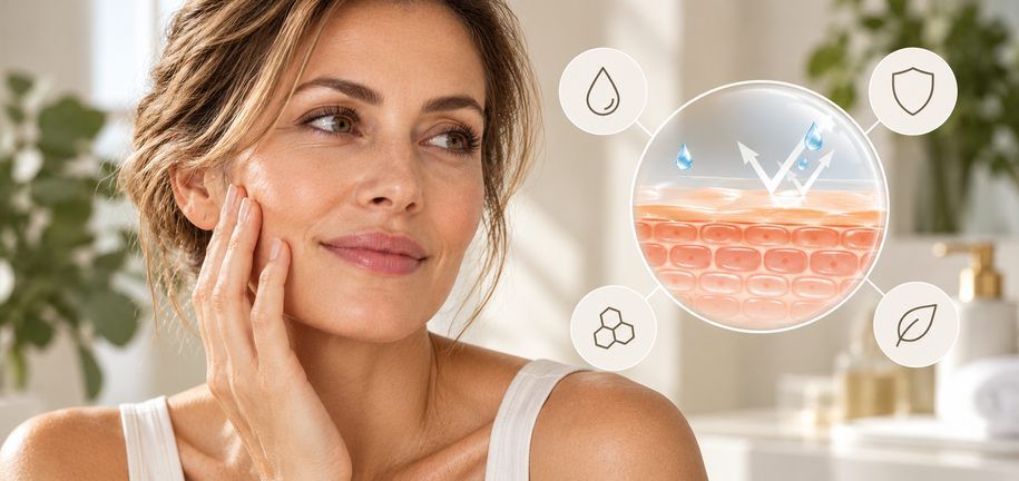 Femme prenant soin de sa peau et illustration de la barrière cutanée